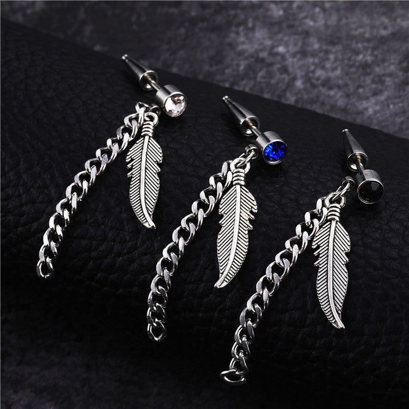 fashion feather titanium steel chain inlay artificial gemstones drop earrings 1 piece