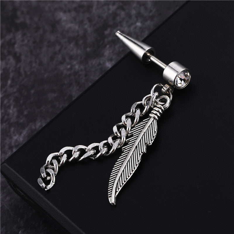 fashion feather titanium steel chain inlay artificial gemstones drop earrings 1 piece