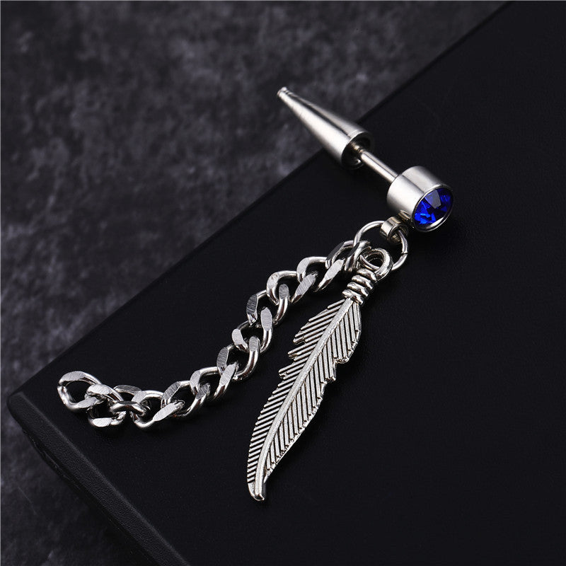 fashion feather titanium steel chain inlay artificial gemstones drop earrings 1 piece