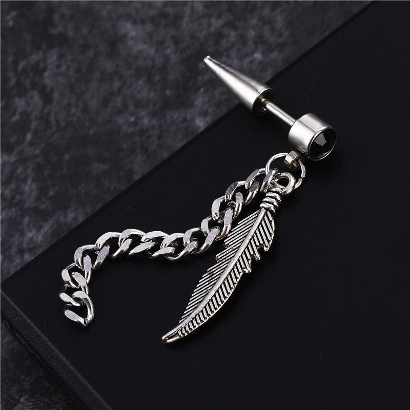 fashion feather titanium steel chain inlay artificial gemstones drop earrings 1 piece