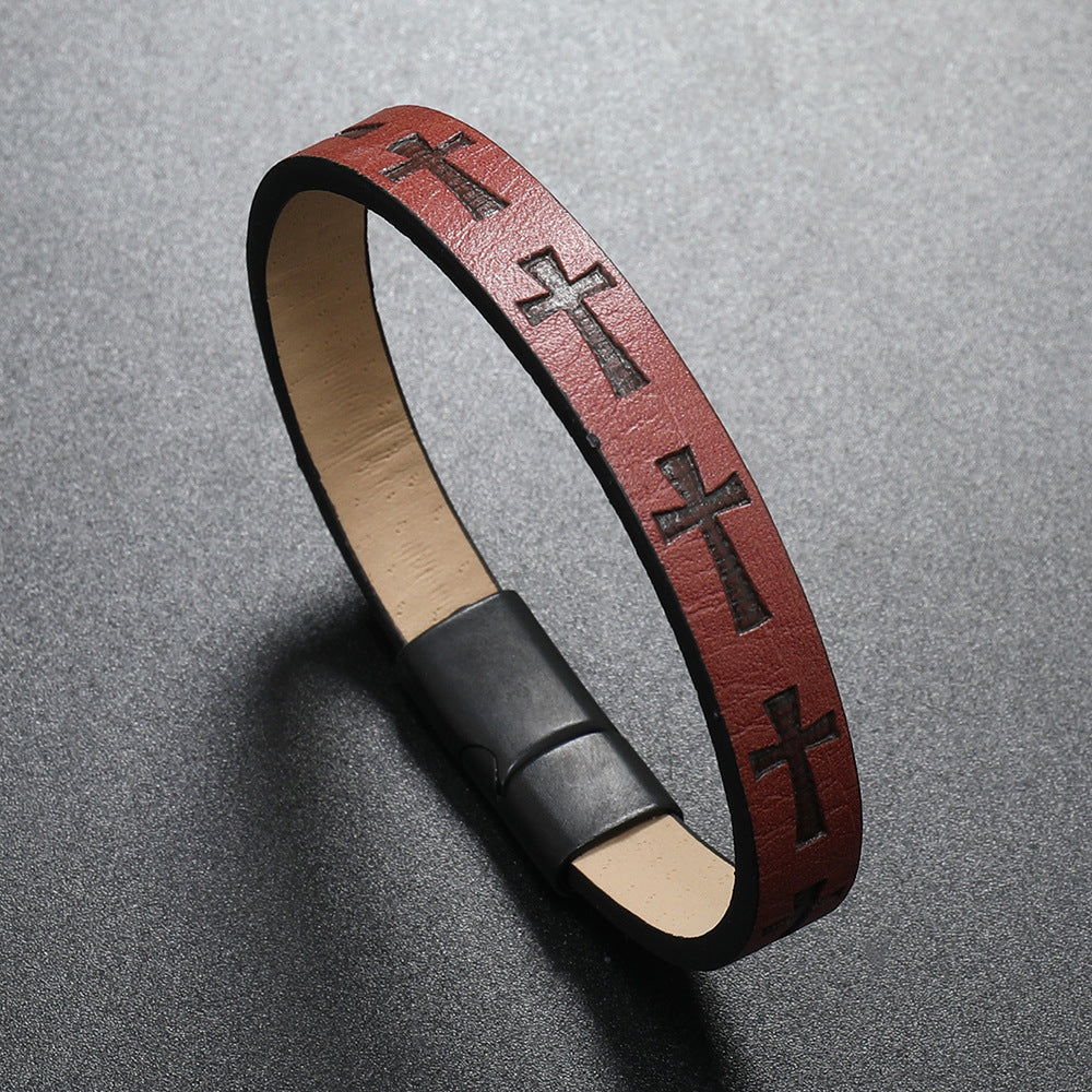 Vintage Style Cross Pu Leather Unisex Bangle