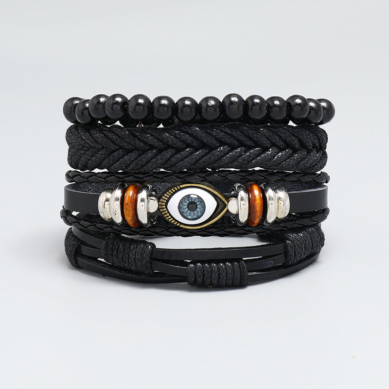 retro diy four-piece combination black leather braided eye bracelet