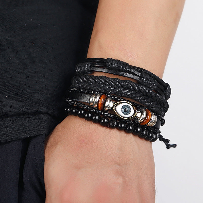 retro diy four-piece combination black leather braided eye bracelet