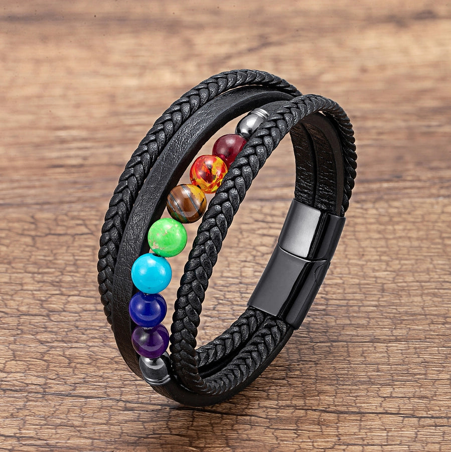 Casual Round Leather rope Stone Metal Men's Chakra Bracelet