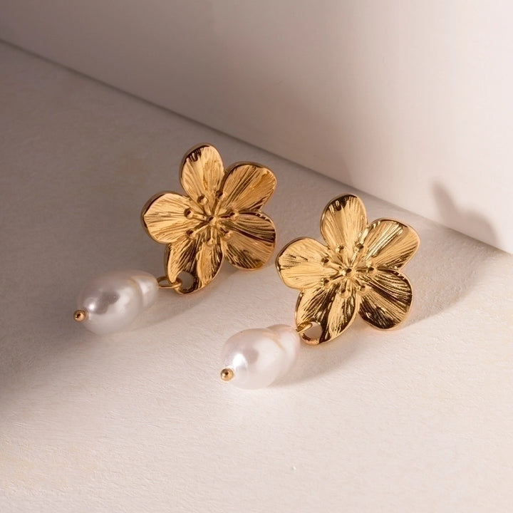 1 Pair Simple Style Flower Inlay 304 Stainless Steel Pearl Drop Earrings