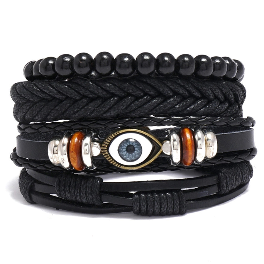 retro diy four-piece combination black leather braided eye bracelet