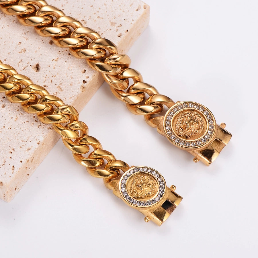 Hip-Hop Rock Cool Style Lion Solid Color Stainless Steel Plating Inlay Rhinestones 18K Gold Plated Unisex Bracelets Necklace