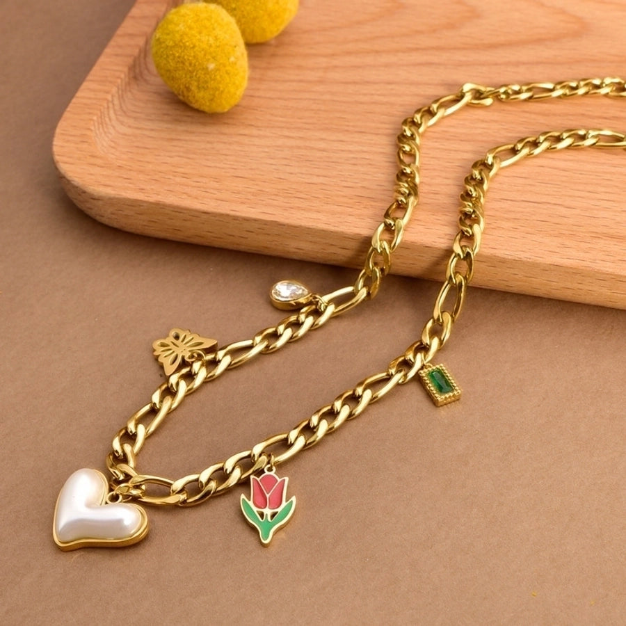 Jewelry Retro Classic Style Sun Heart Shape Flower 304 Stainless Steel Acrylic Zircon 18K Gold Plated Epoxy Pendant Necklace