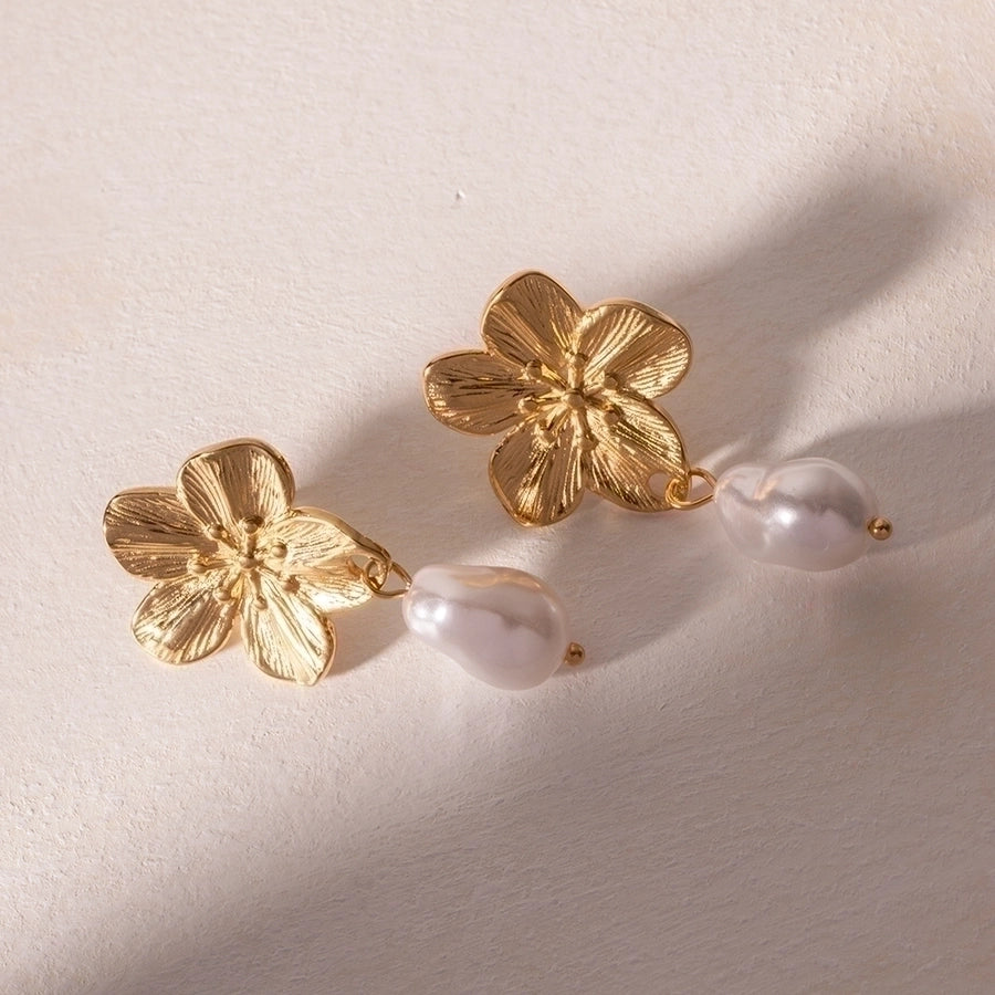 1 Pair Simple Style Flower Inlay 304 Stainless Steel Pearl Drop Earrings