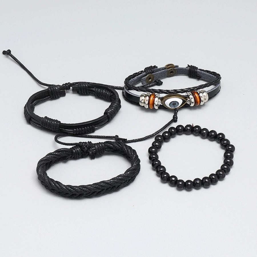 retro diy four-piece combination black leather braided eye bracelet