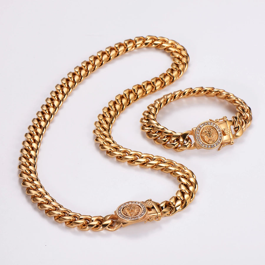 Hip-Hop Rock Cool Style Lion Solid Color Stainless Steel Plating Inlay Rhinestones 18K Gold Plated Unisex Bracelets Necklace