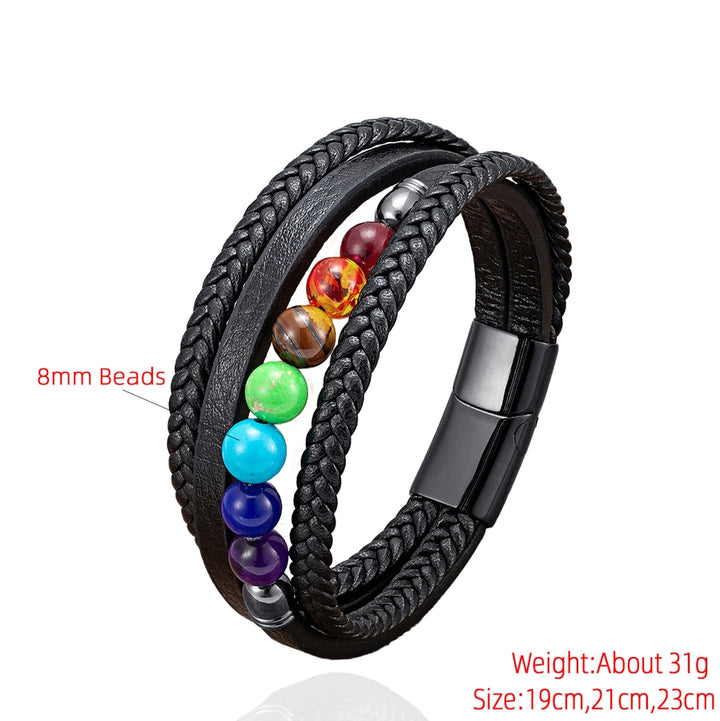 Casual Round Leather rope Stone Metal Men's Chakra Bracelet