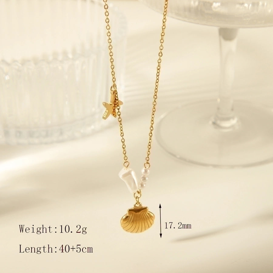 Jewelry Beach Commute Dolphin Shell Fish Tail 304 Stainless Steel Acrylic 18K Gold Plated Plating Inlay Pendant Necklace