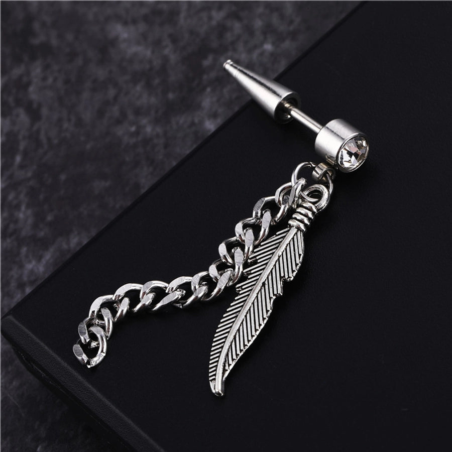 fashion feather titanium steel chain inlay artificial gemstones drop earrings 1 piece