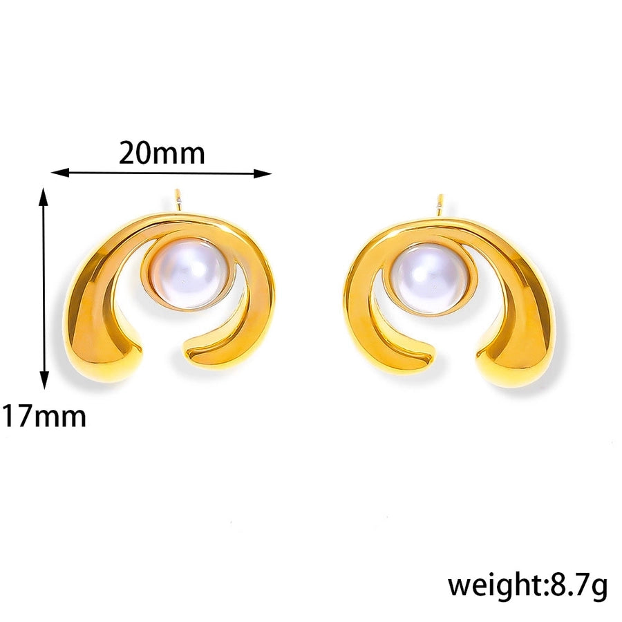 1 Pair Simple Style Commute C Shape Solid Color Irregular Inlay 304 Stainless Steel Artificial Pearls 18K Gold Plated Ear Studs