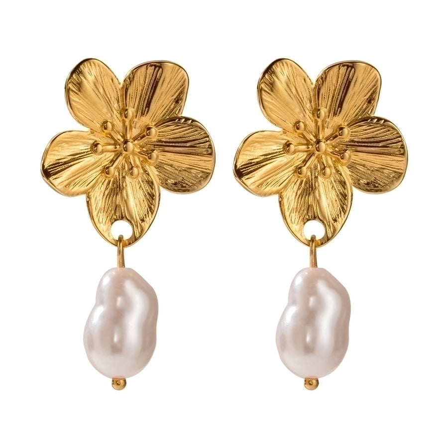 1 Pair Simple Style Flower Inlay 304 Stainless Steel Pearl Drop Earrings