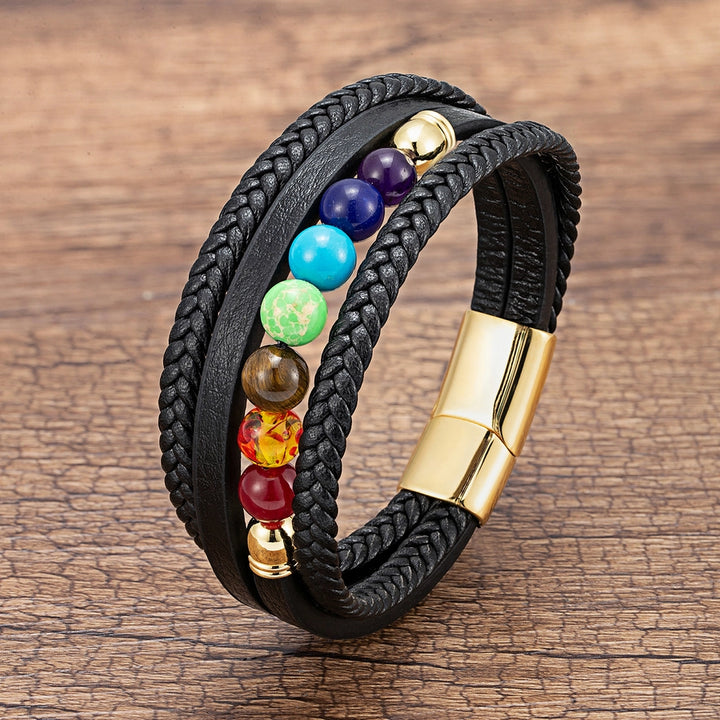 Casual Round Leather rope Stone Metal Men's Chakra Bracelet