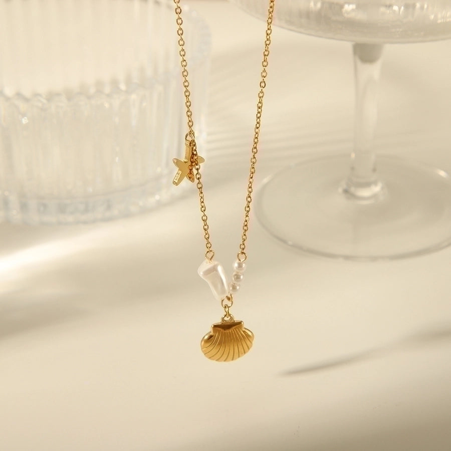 Jewelry Beach Commute Dolphin Shell Fish Tail 304 Stainless Steel Acrylic 18K Gold Plated Plating Inlay Pendant Necklace