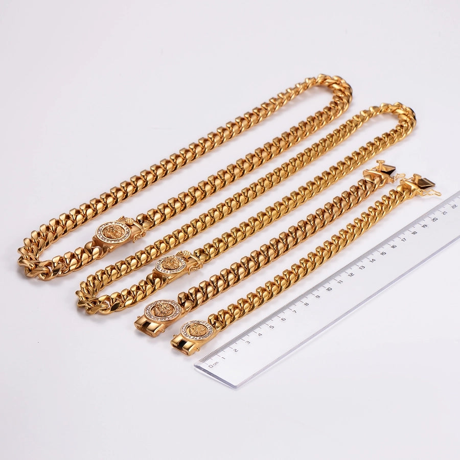 Hip-Hop Rock Cool Style Lion Solid Color Stainless Steel Plating Inlay Rhinestones 18K Gold Plated Unisex Bracelets Necklace